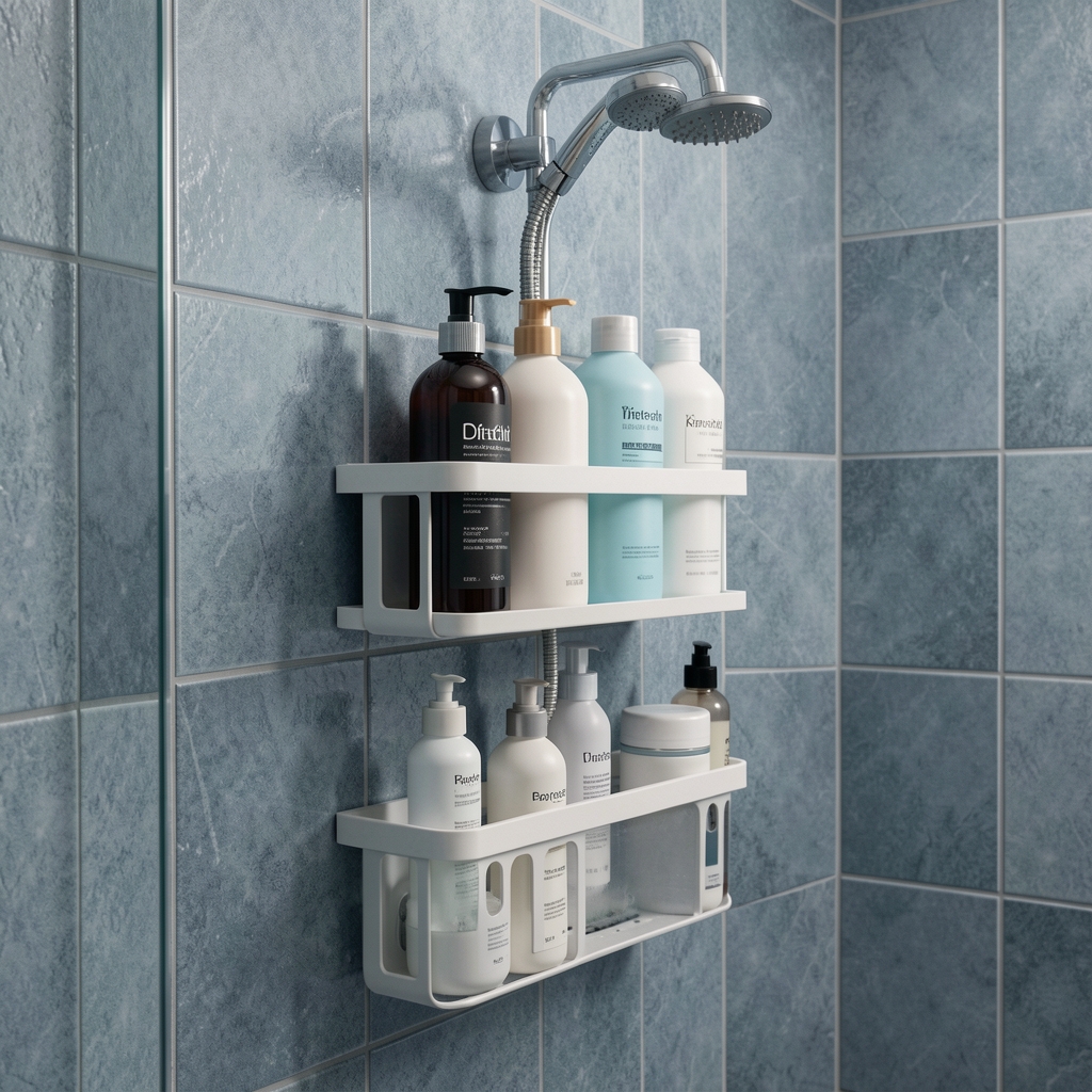 Organizador de ducha con drenaje visible y botellas ordenadas sobre azulejos azul grisáceos