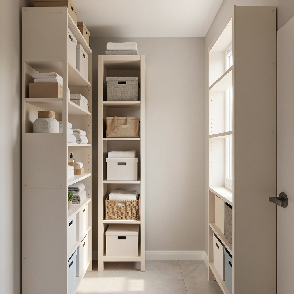 Baño pequeño con estantes y cajas organizadoras distribuidos verticalmente en tonos claros