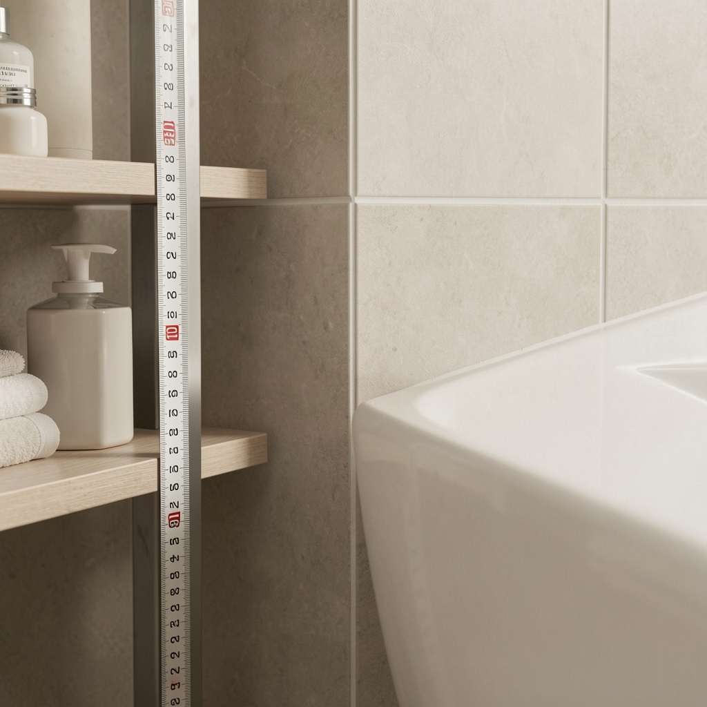 Cinta métrica junto a un estante de baño y azulejos neutros sin manos visibles