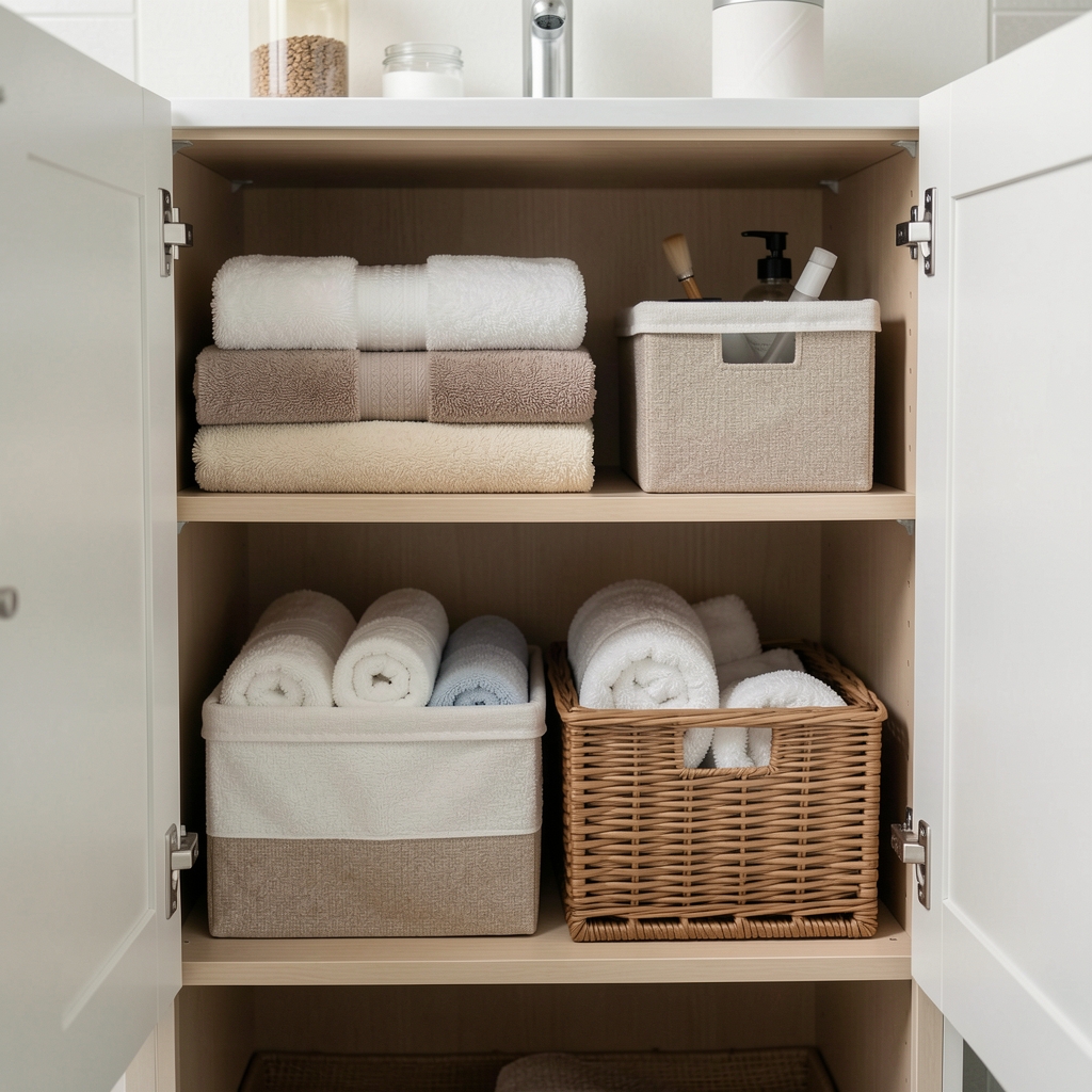 Cajas y canastos organizadores dentro de un mueble de baño con toallas dobladas