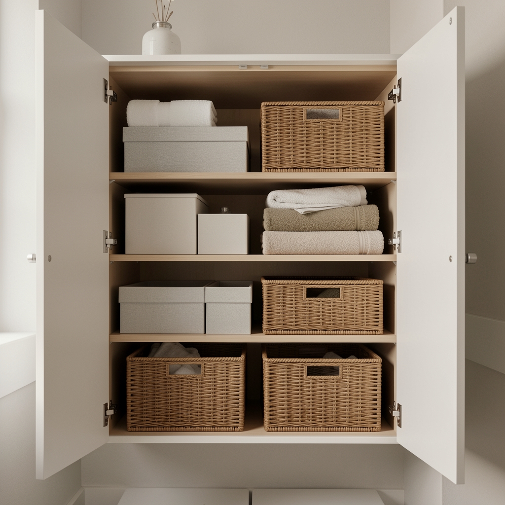 Mueble de baño abierto con cajas organizadoras y canastos apilados de forma ordenada