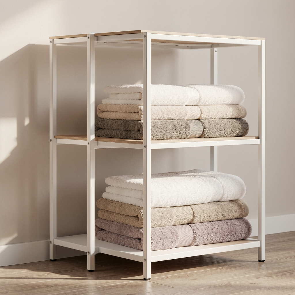 Estante modular Alba de metal blanco con dos niveles junto a toallas dobladas y frascos neutros