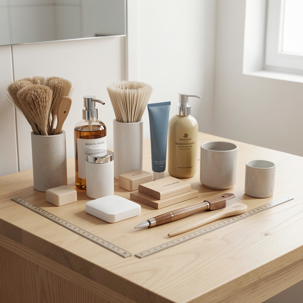 Plano de medidas junto a accesorios de baño organizados sobre una mesa de madera clara
