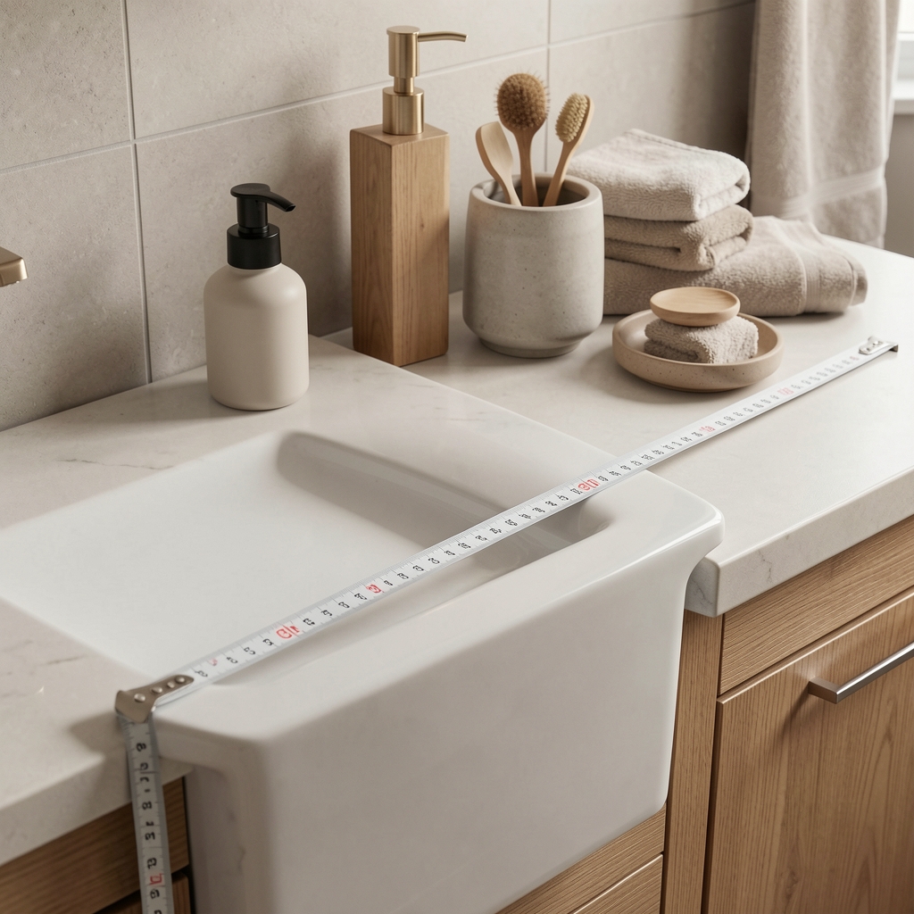 Cinta métrica extendida sobre el borde de un lavatorio junto a accesorios de baño en tonos neutros