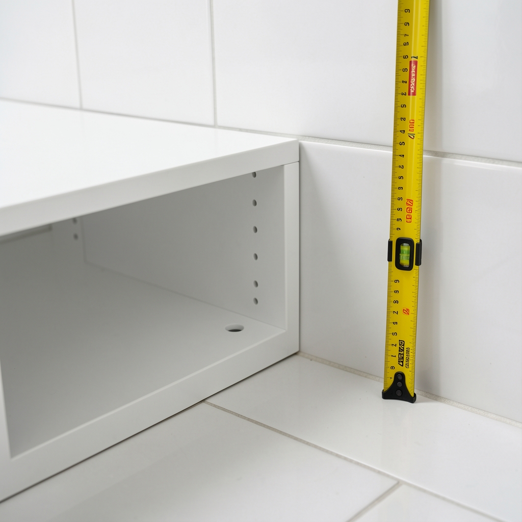 Estante blanco parcialmente instalado junto a una regla y marcas de nivel sobre azulejos claros