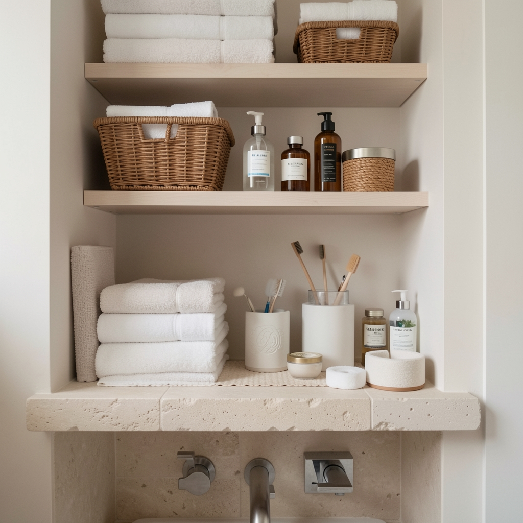 Composición ordenada de estantes, canastos y accesorios de baño sobre una repisa de piedra clara