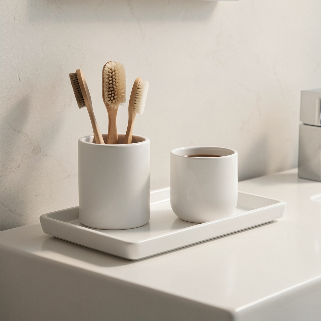 Conjunto de porta cepillos y vaso de cerámica blanca junto a bandeja rectangular sobre lavatorio claro