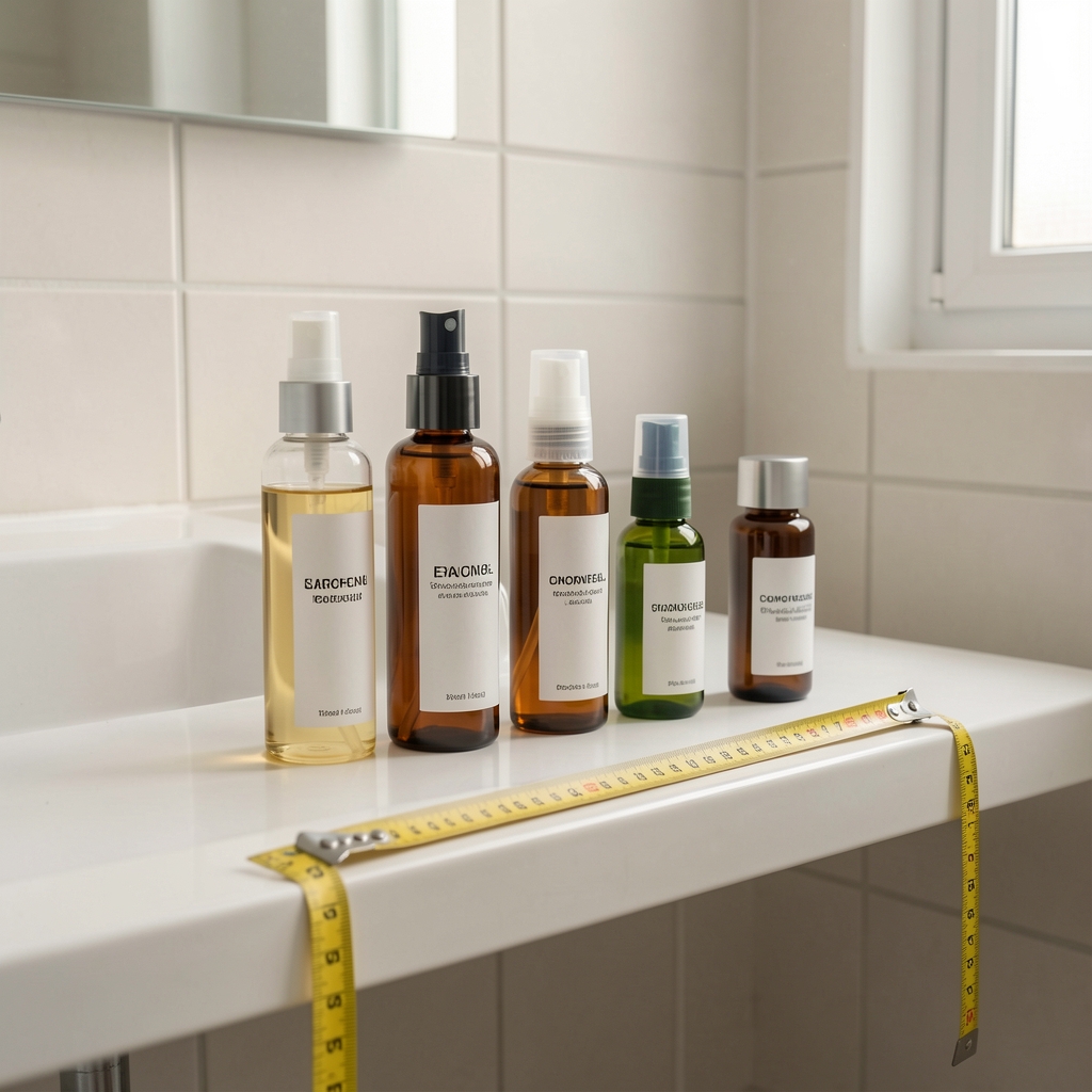Cinta métrica extendida junto a frascos de distintas alturas sobre una repisa de baño
