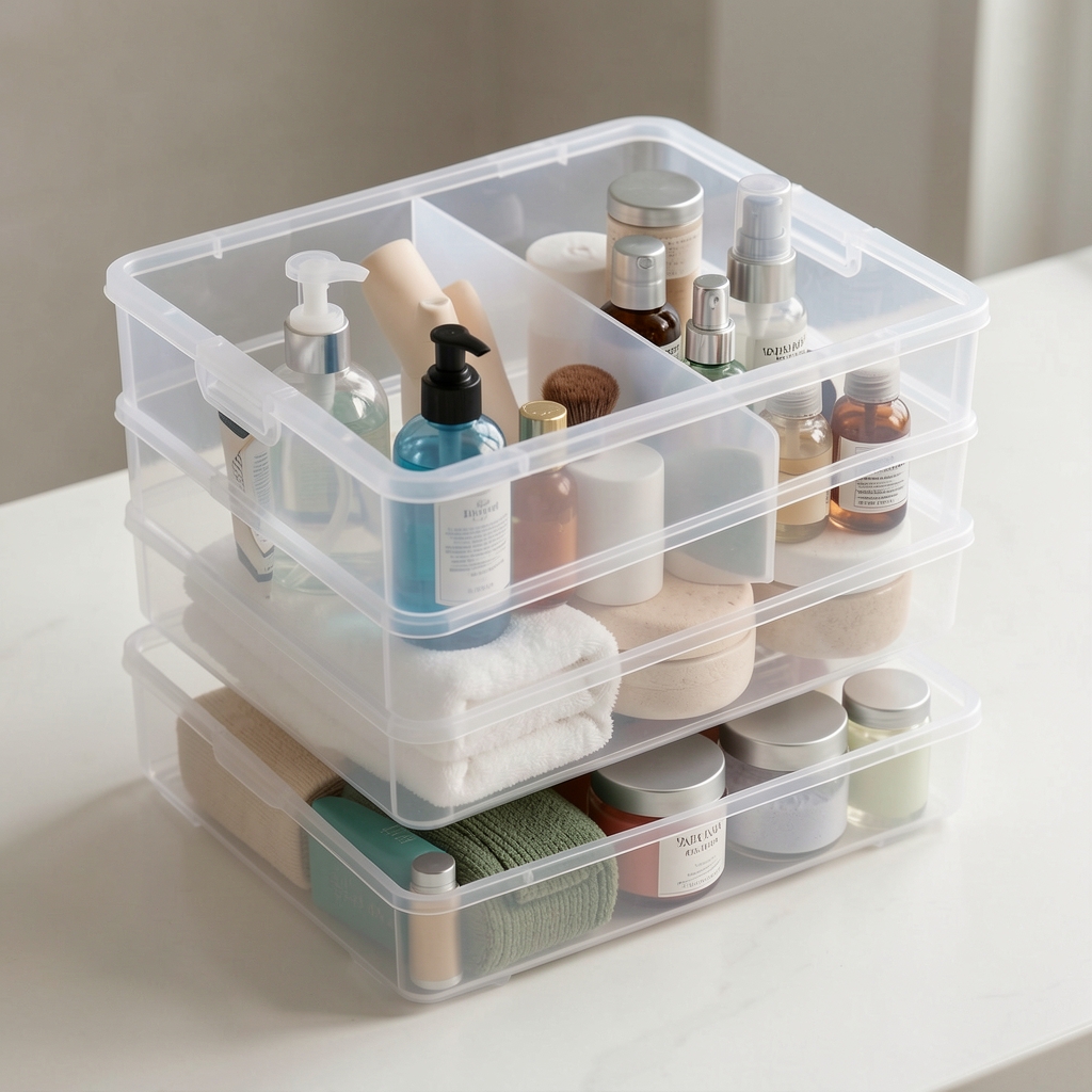 Caja organizadora apilable de plástico translúcido con cosméticos de baño cuidadosamente separados