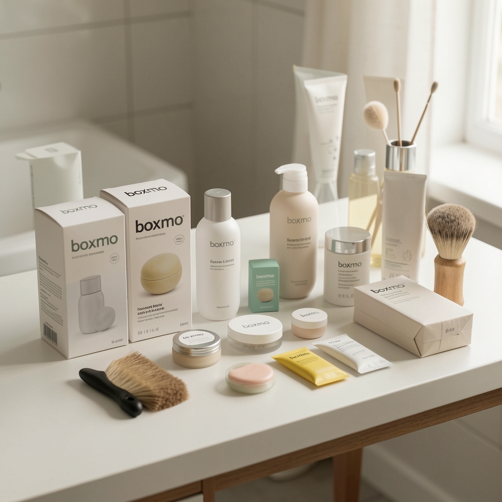 Selección de accesorios de baño Boxmo en una composición ordenada sobre una mesa clara